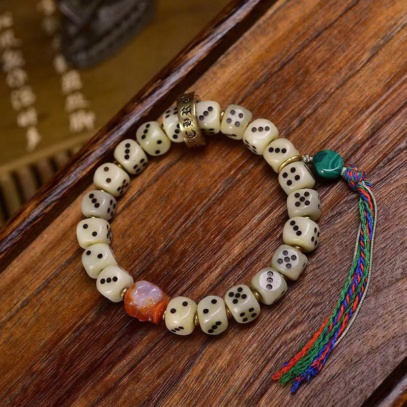 藏传天然牦牛骨雕刻骰子手链