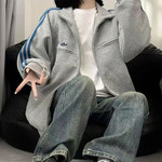 品牌折扣丨小红书推荐春秋立领卫衣女上衣宽松美式三条杠情侣外套