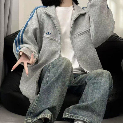 品牌折扣丨小红书推荐春秋立领卫衣女上衣宽松美式三条杠情侣外套