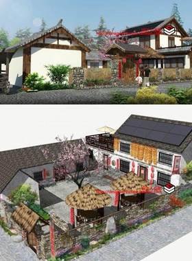 川西东北风格农家乐农家小院民居民宿羊圈茅草凉亭草图大师SU模型