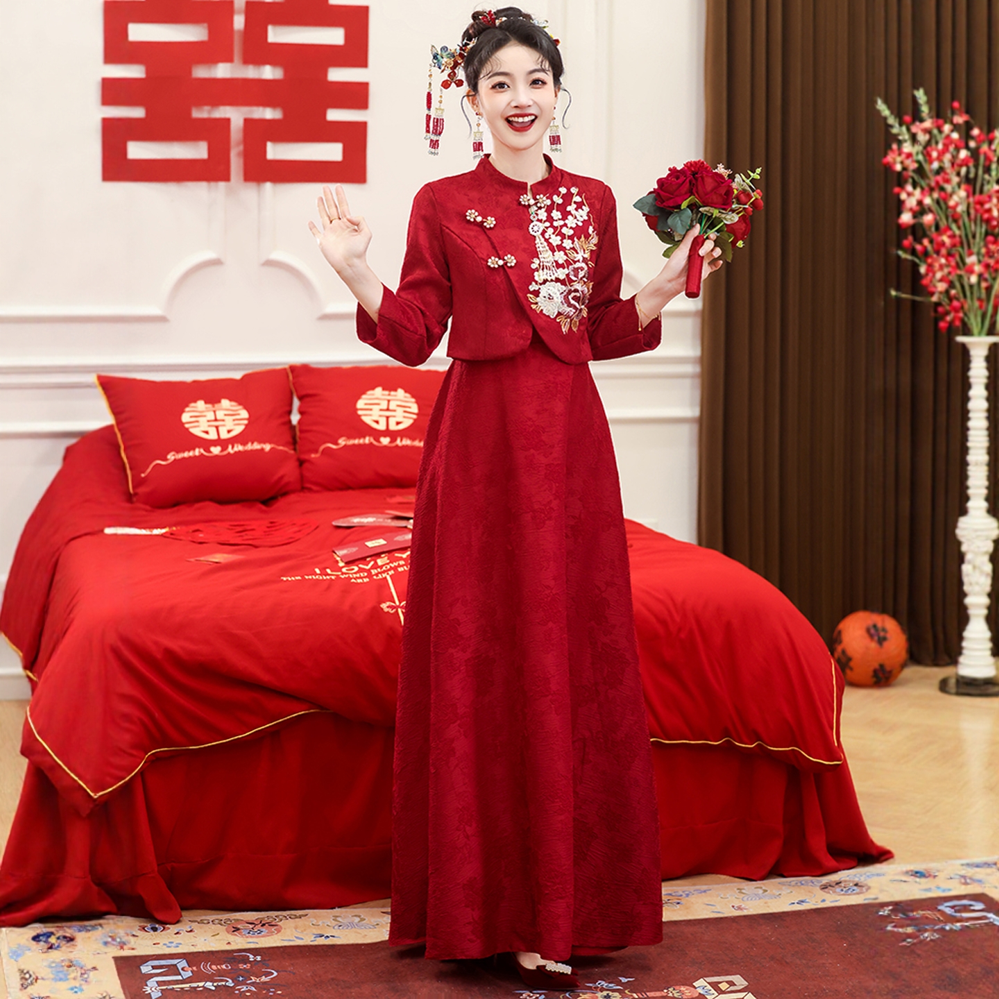 海棠记孕妇新娘敬酒服套装高腰裙