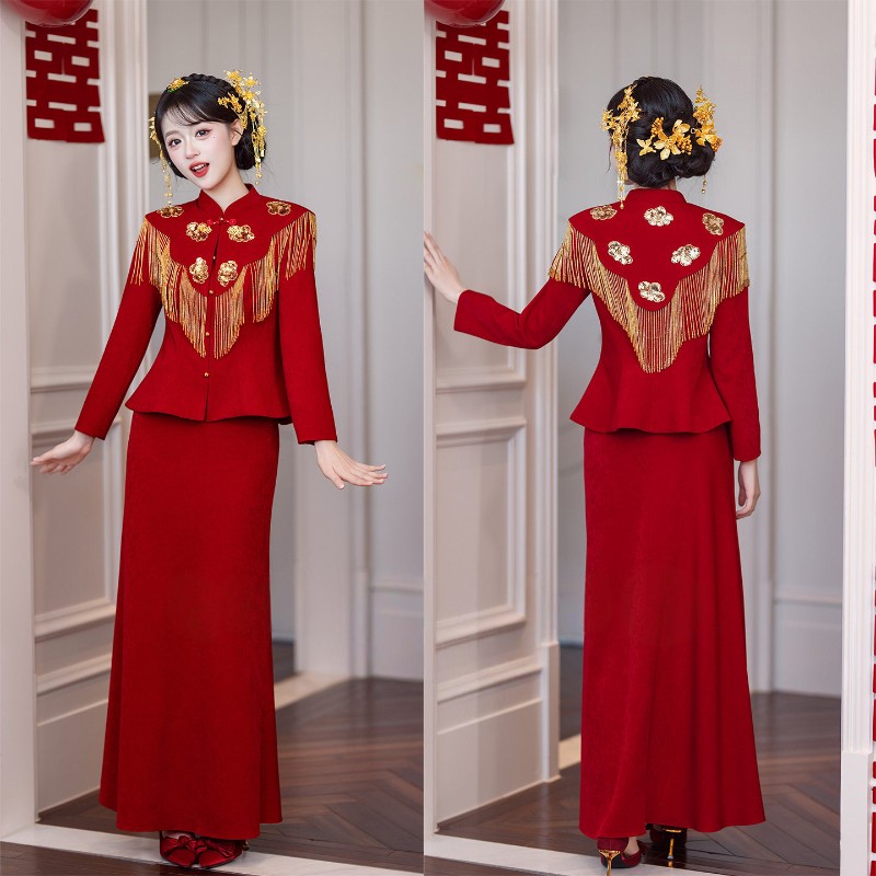 海棠记新中式敬酒服新娘婚服红色长袖鱼尾订婚礼服裙女高级感小个