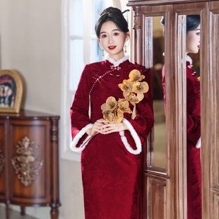 海棠记红色旗袍冬季加绒加厚敬酒服冬装新娘结婚新中式订婚礼服裙