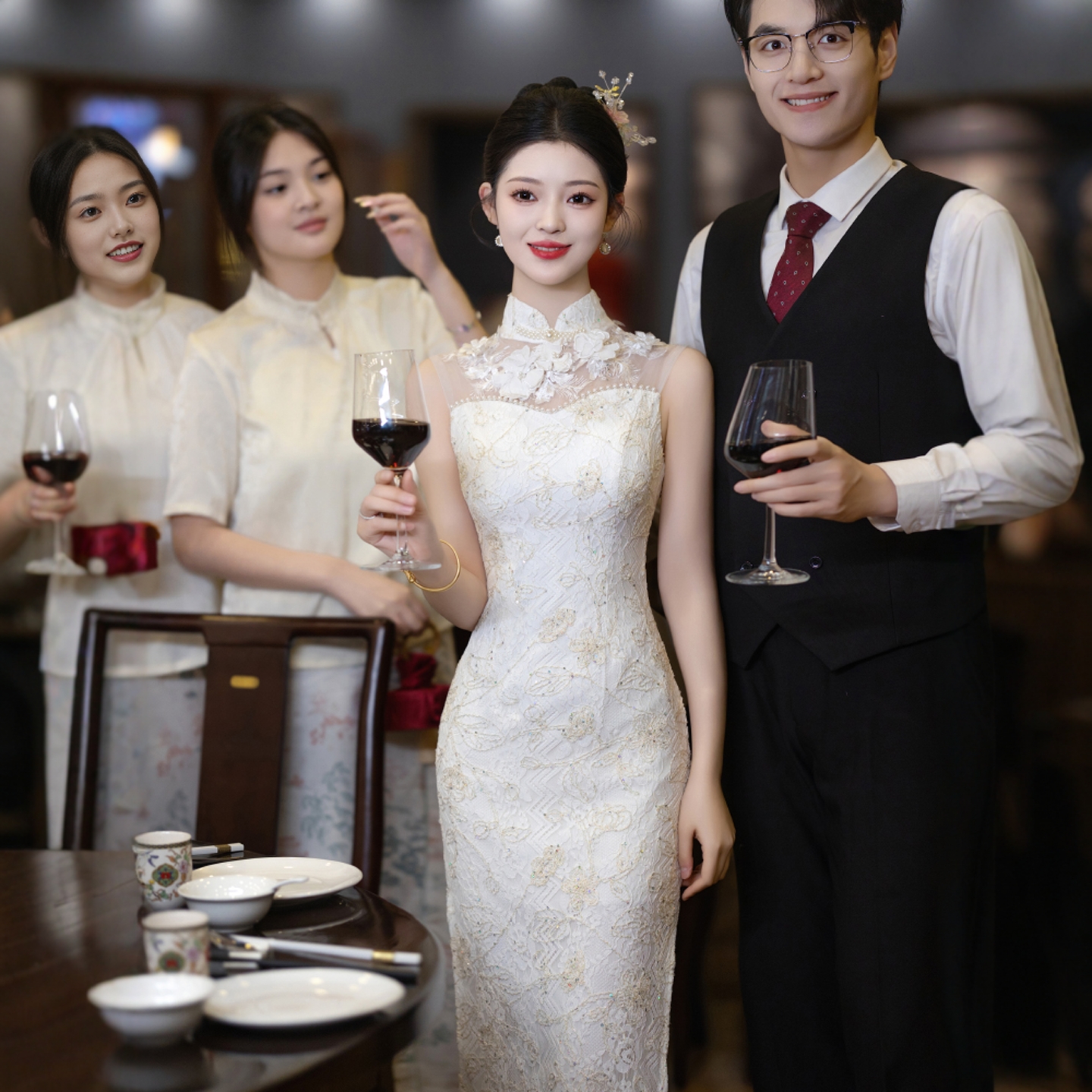 海棠记无袖白色旗袍敬酒服新娘新款夏季订婚礼服裙轻婚纱鱼尾修身