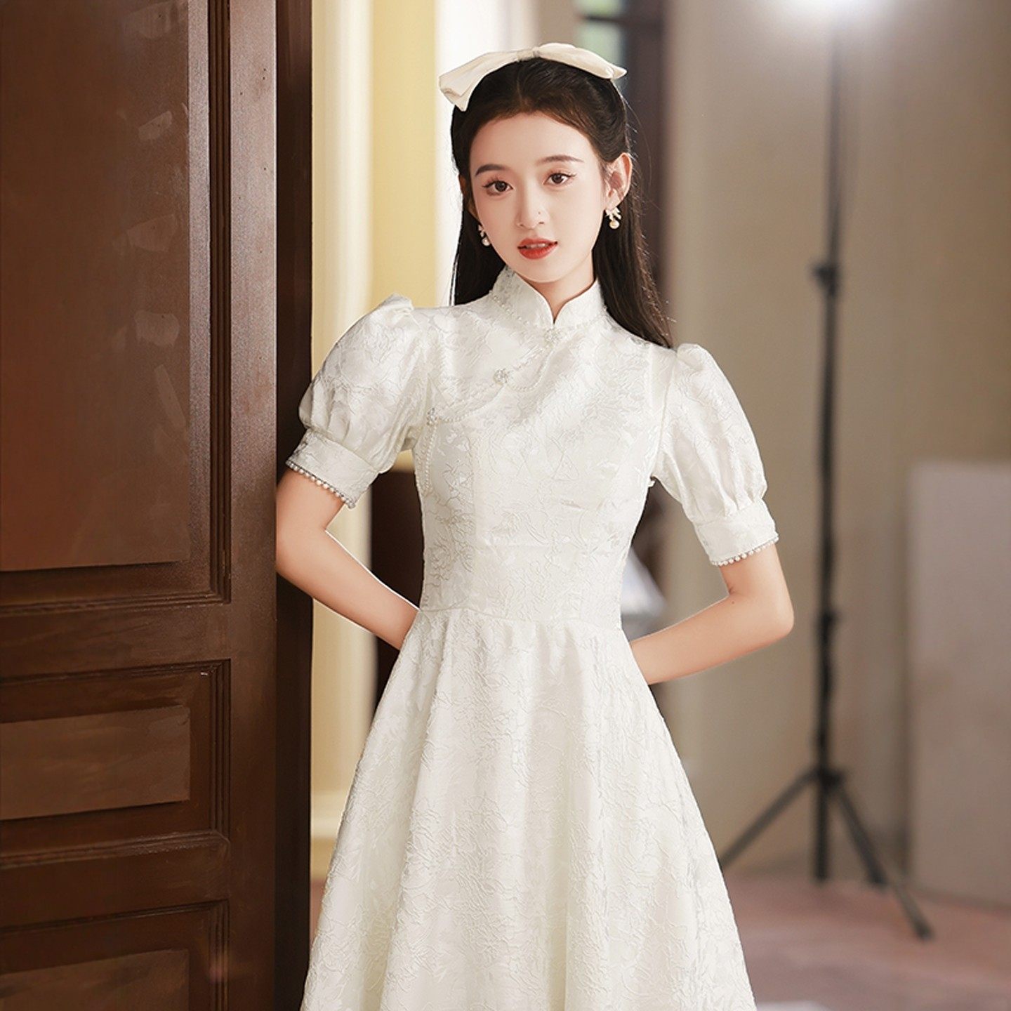 海棠记白色旗袍订婚礼服裙女小个子敬酒新娘新款领证登记白裙显瘦