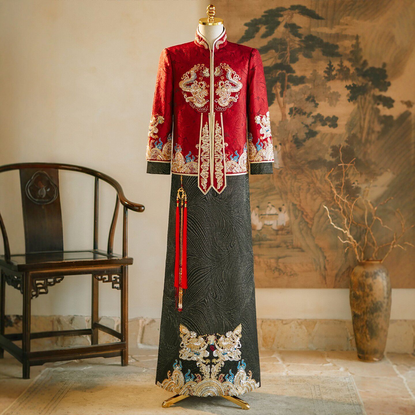 海棠记男士唐装中国风2026红色中式秀禾服接亲礼服高端结婚龙凤褂