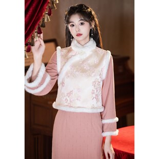 粉色旗袍冬装新中式国风马甲套装冬季加绒加厚秋冬改良年轻款日常