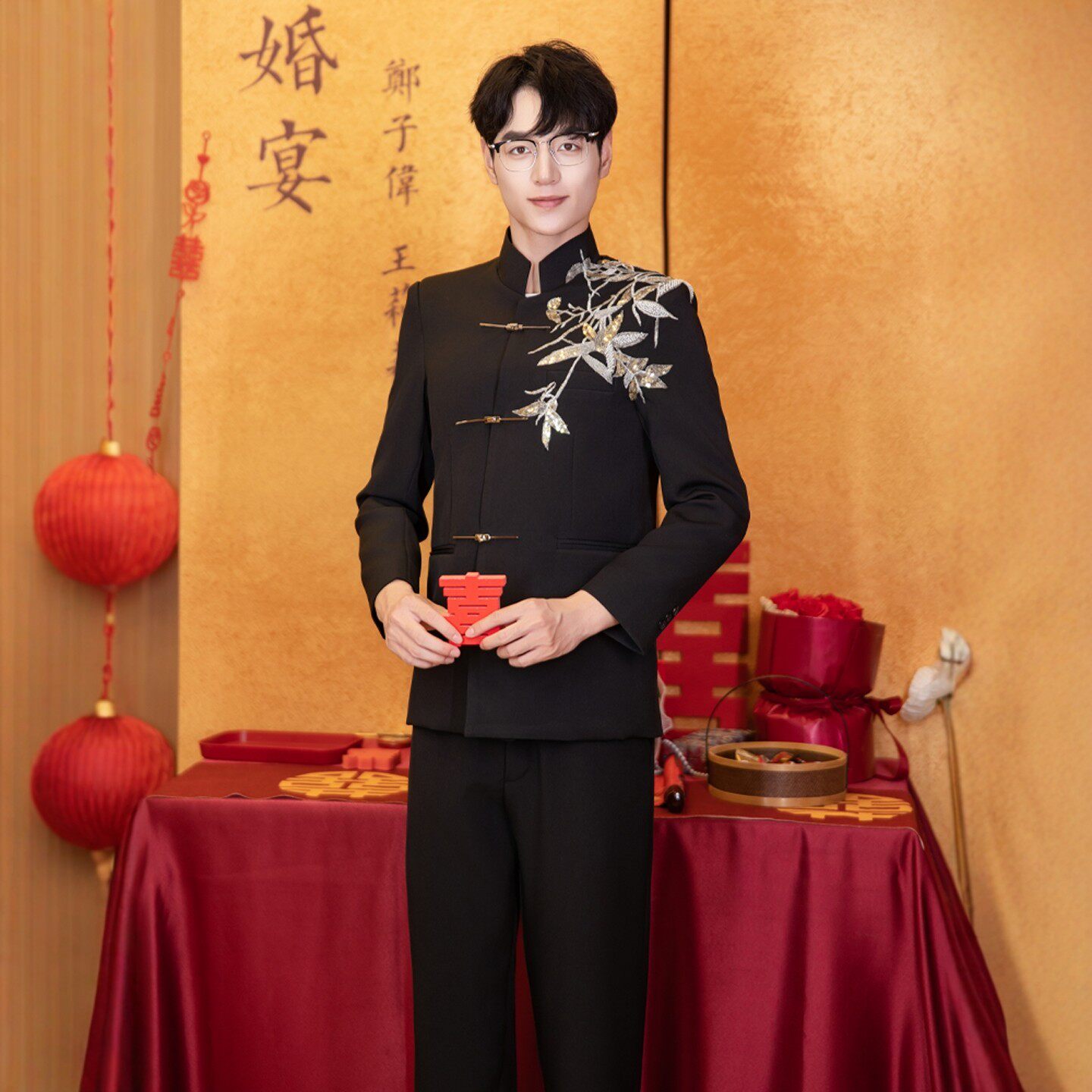 海棠记新中式秀禾服男国风黑色中山装结婚礼服新郎男立领唐装秋冬