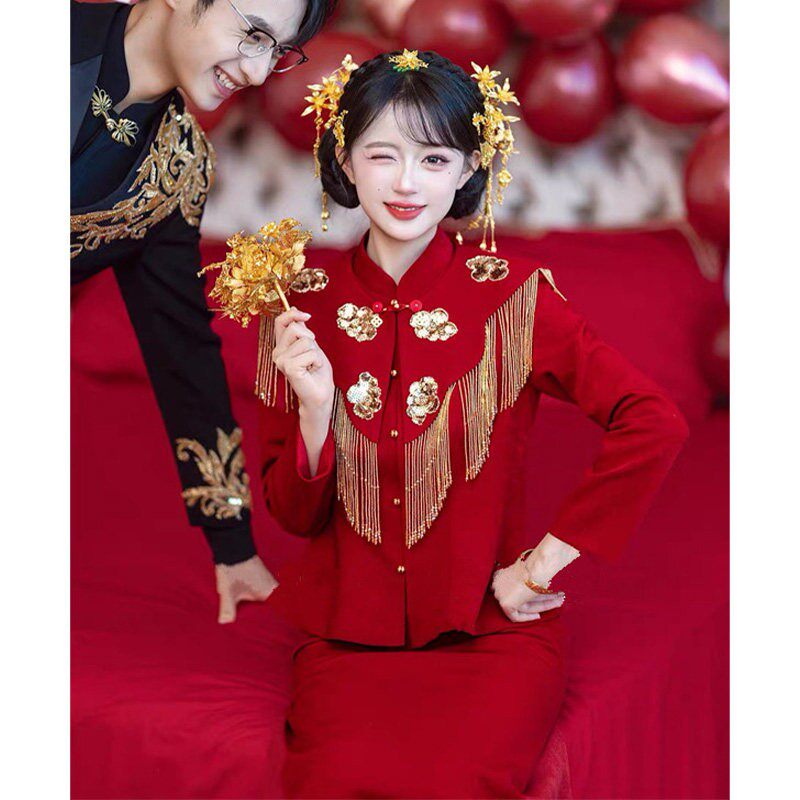 新中式高级感流苏披肩红色旗袍敬酒服长袖新娘连衣裙回门订婚礼服