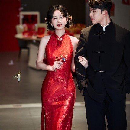 海棠记红色旗袍女新中式挂脖晨袍新娘敬酒服结婚订婚礼服裙高级感
