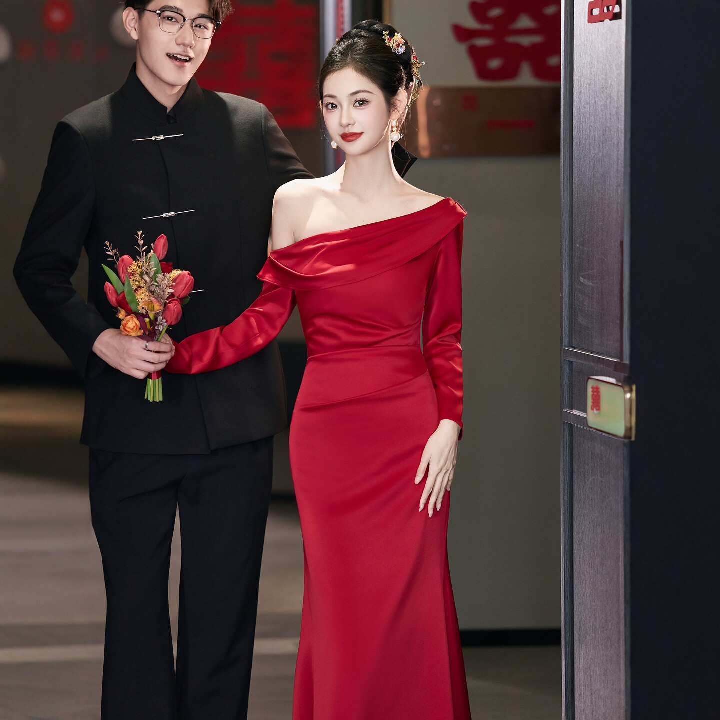 海棠记红色晚礼服女新宴会气质敬酒服新娘结婚长袖订婚连衣裙鱼尾