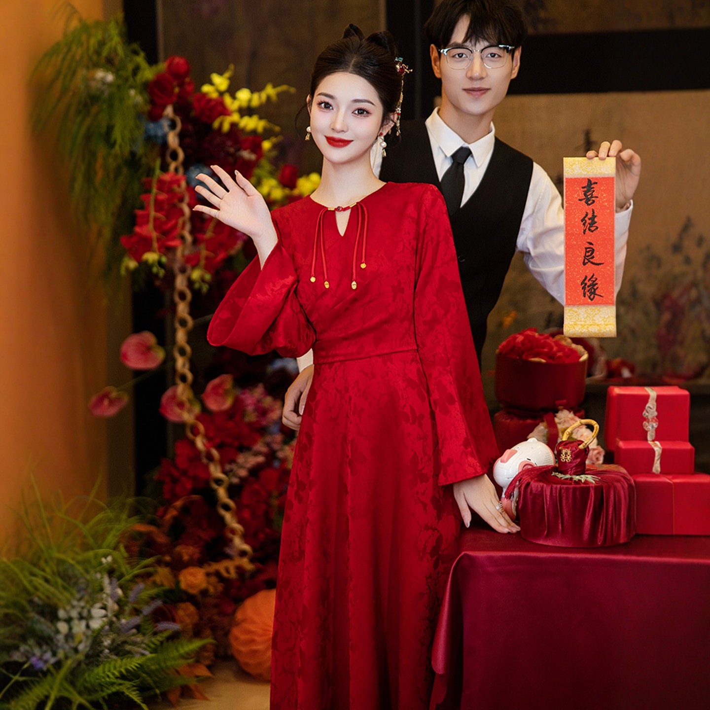 海棠记红色新中式敬酒服结婚当天新娘回门便装订婚礼服长袖秋冬女