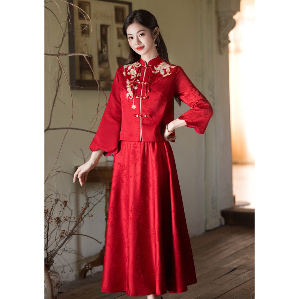 2026新款红色新中式结婚敬酒服新娘旗袍春夏季长袖奢华套装小礼服