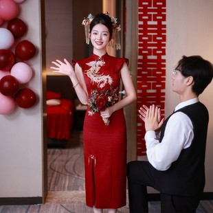 海棠记红色旗袍敬酒新娘小个子订婚礼服连衣裙新中式结婚便装修身