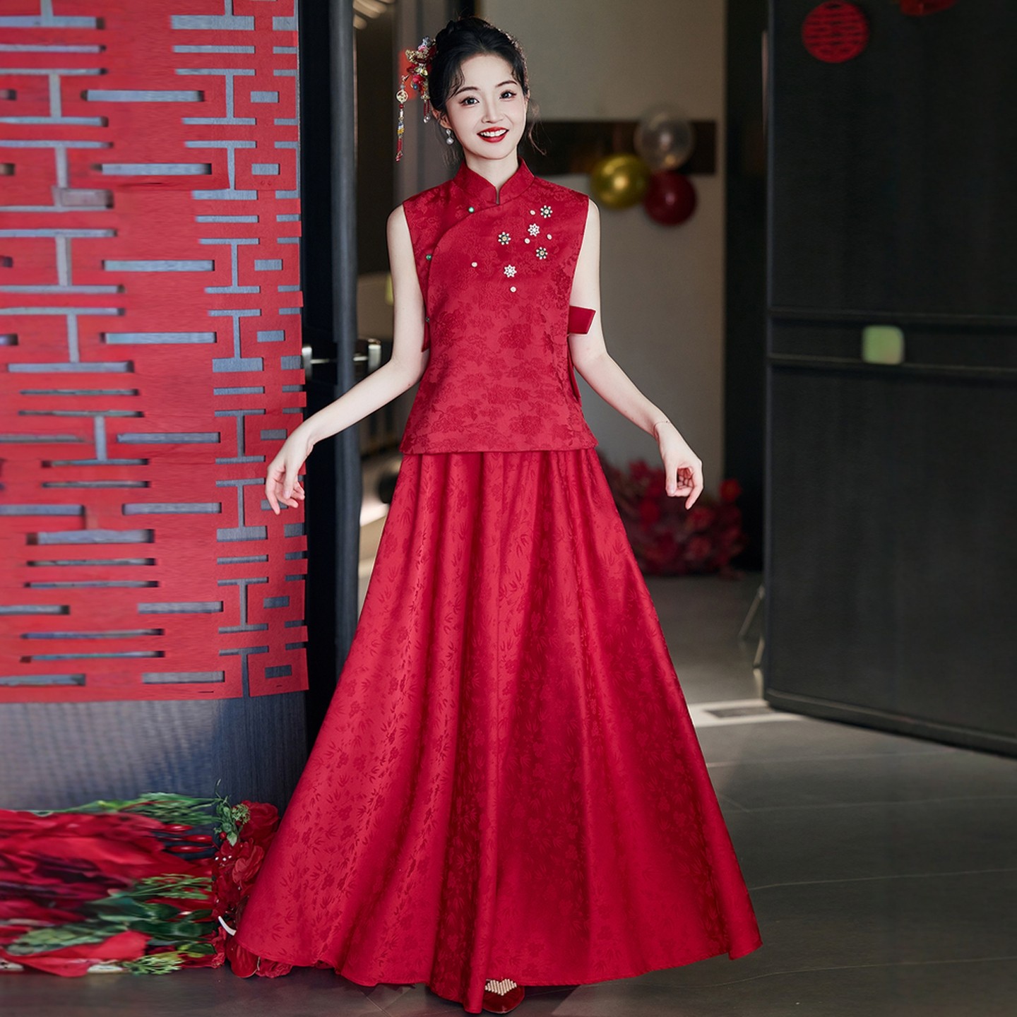 海棠记敬酒服结婚晨袍女大码胖mm订婚礼服裙中式秀禾孕妇遮肚旗袍