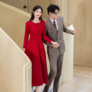 红色高端订婚礼服裙女结婚敬酒服新娘回门服春夏季长袖便装连衣裙
