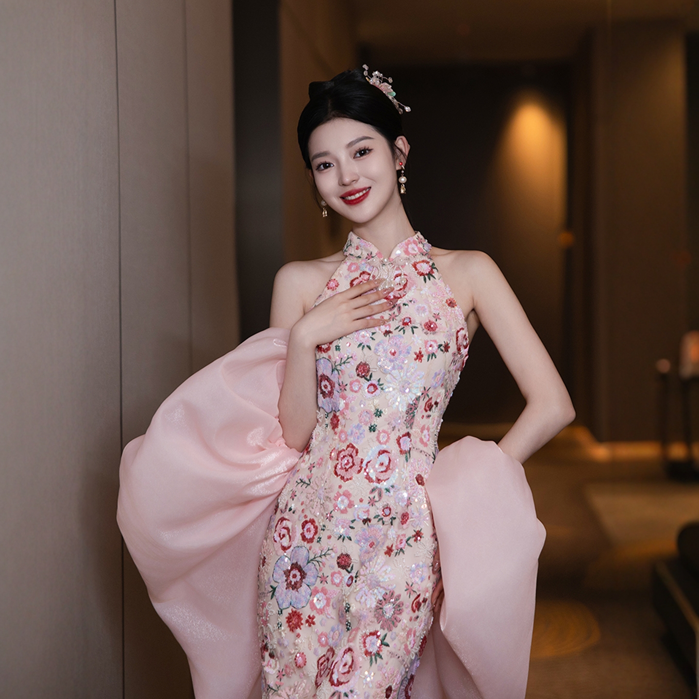 海棠记新中式旗袍敬酒服高级感粉色挂脖小个子晨袍女新娘订婚礼服