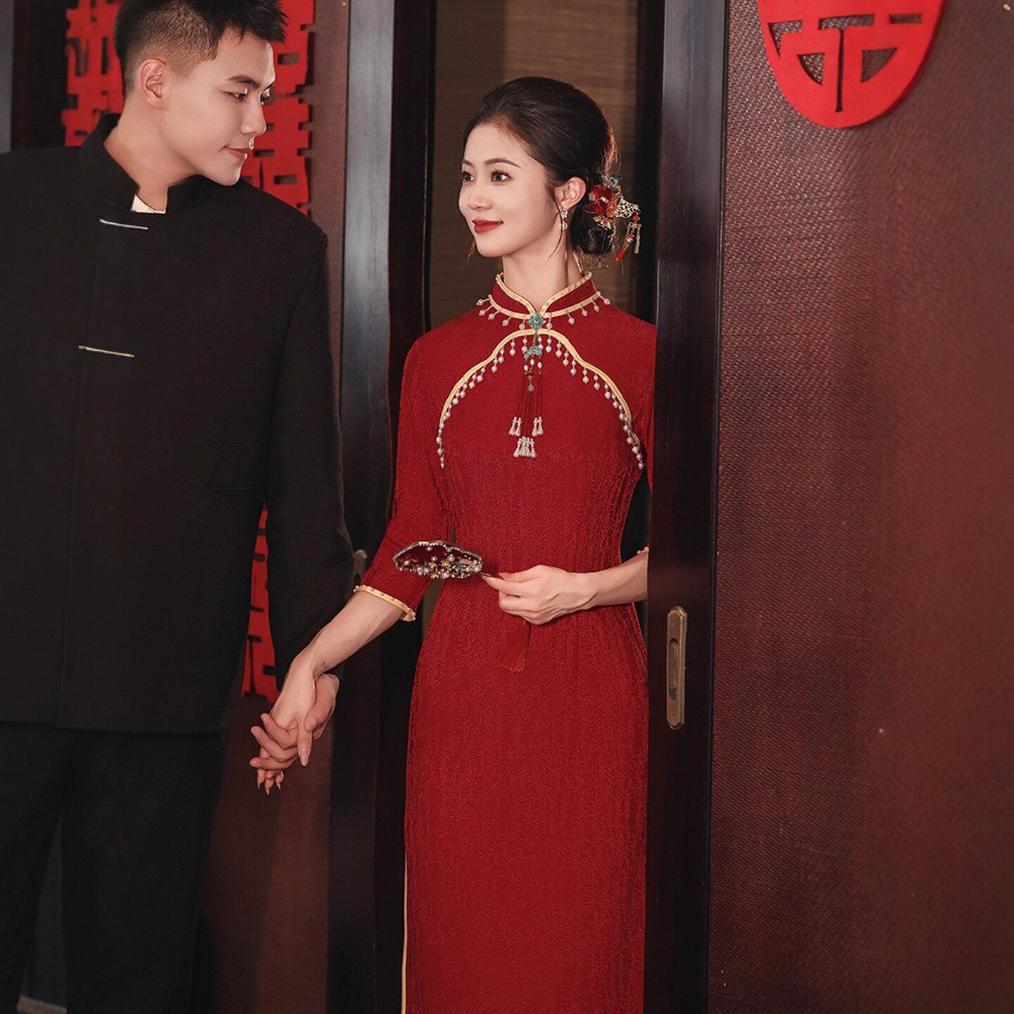 海棠记红色旗袍敬酒服新娘小个子订婚礼服连衣裙中式婚服显白长袖