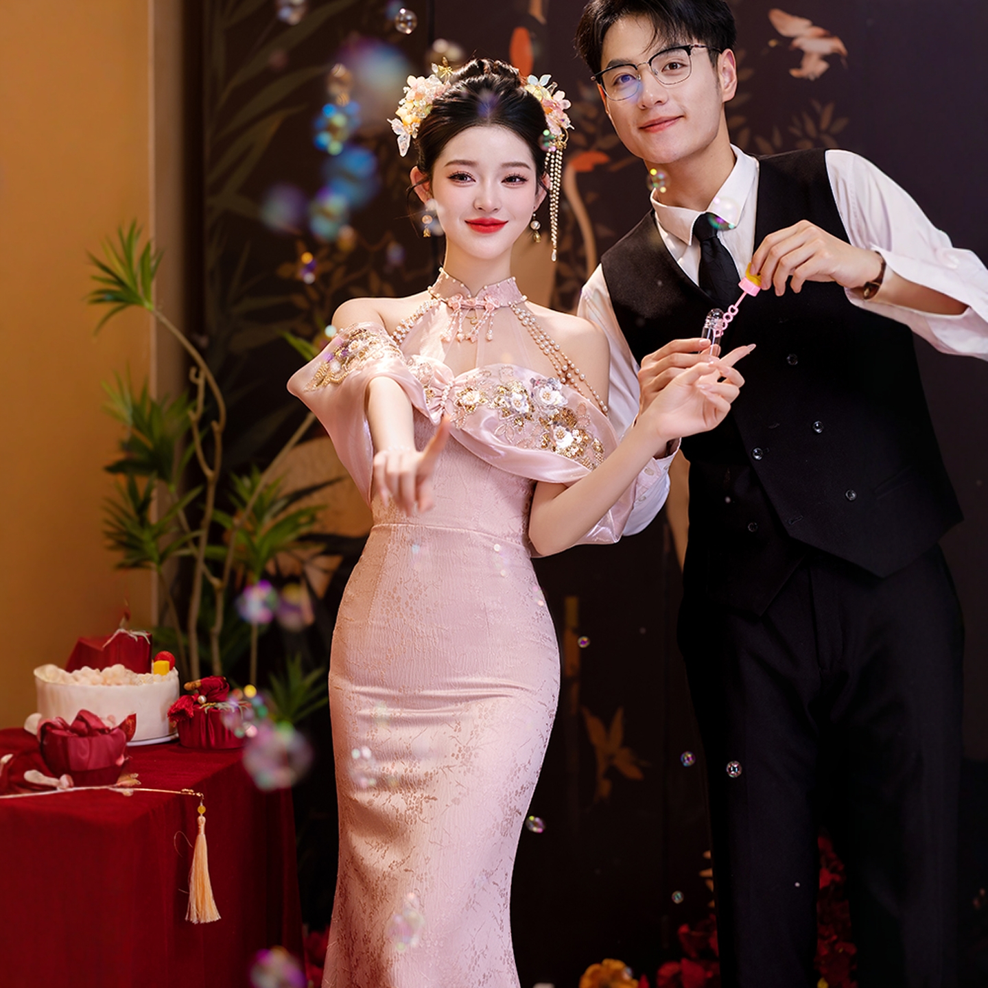 海棠记粉色敬酒服新娘旗袍新中式