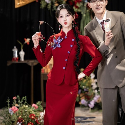 海棠记红色敬酒服新娘新款秋冬长袖新中式订婚礼服裙结婚套装鱼尾