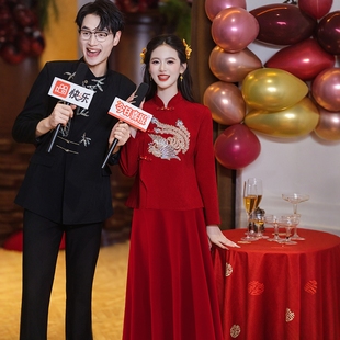 海棠记新中式孕妇旗袍敬酒服套装红色订婚礼服裙大码胖mm高腰遮肚