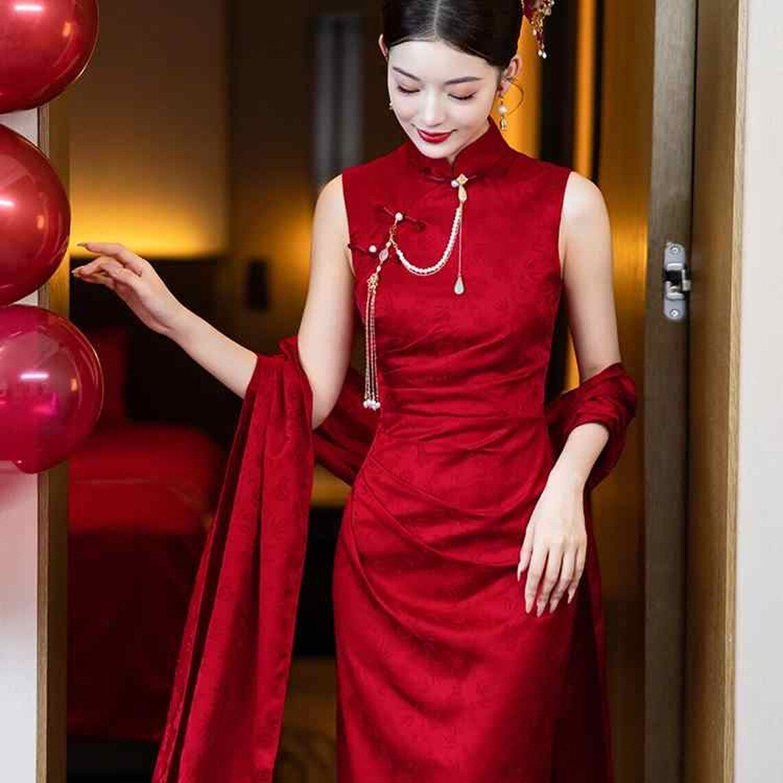 海棠记新中式晨袍女新娘敬酒服新款无袖旗袍红色订婚礼服夏结婚装