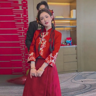 敬酒服新娘喜服 红色出阁宴订婚礼服小个中式 海棠记马面裙套装 新款