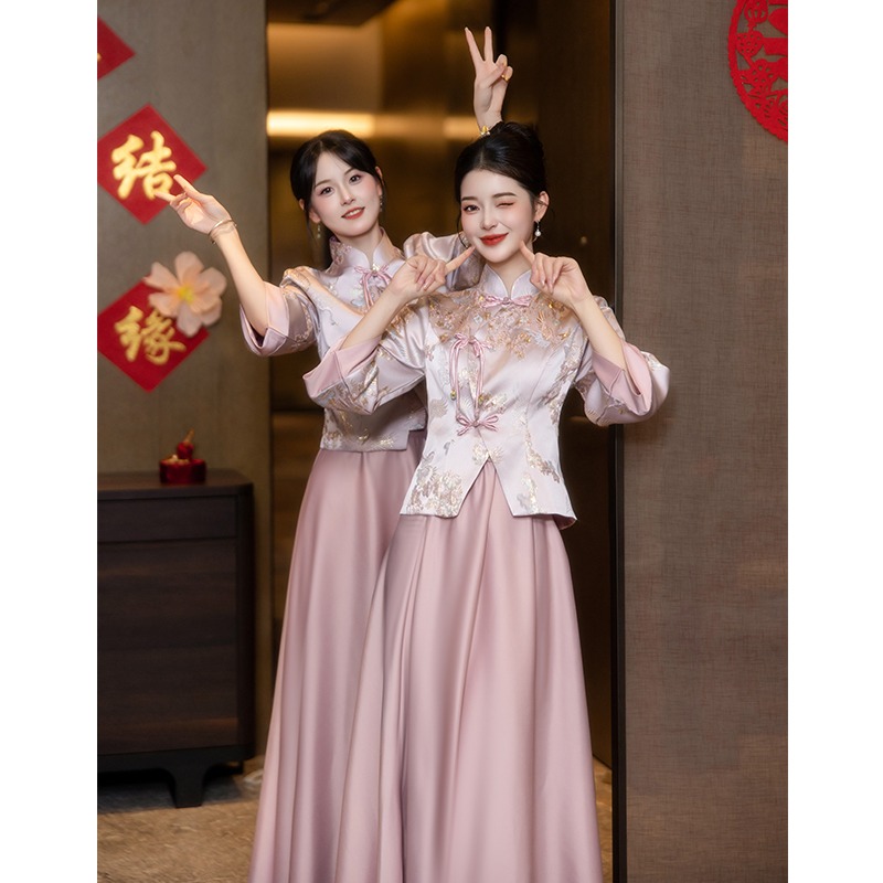 海棠记新中式伴娘服粉色春秋姐妹团旗袍订婚礼服裙日常可穿长袖裙