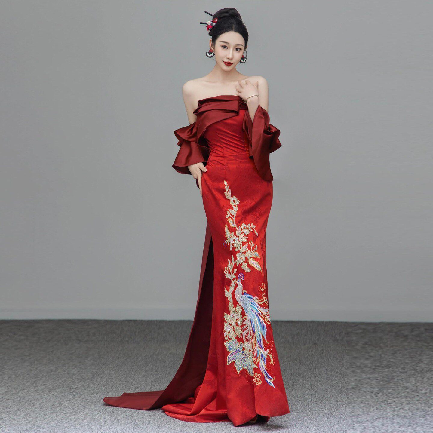 新中式红色抹胸鱼尾礼服女气质国风刺绣敬酒服高级感出阁宴订婚裙