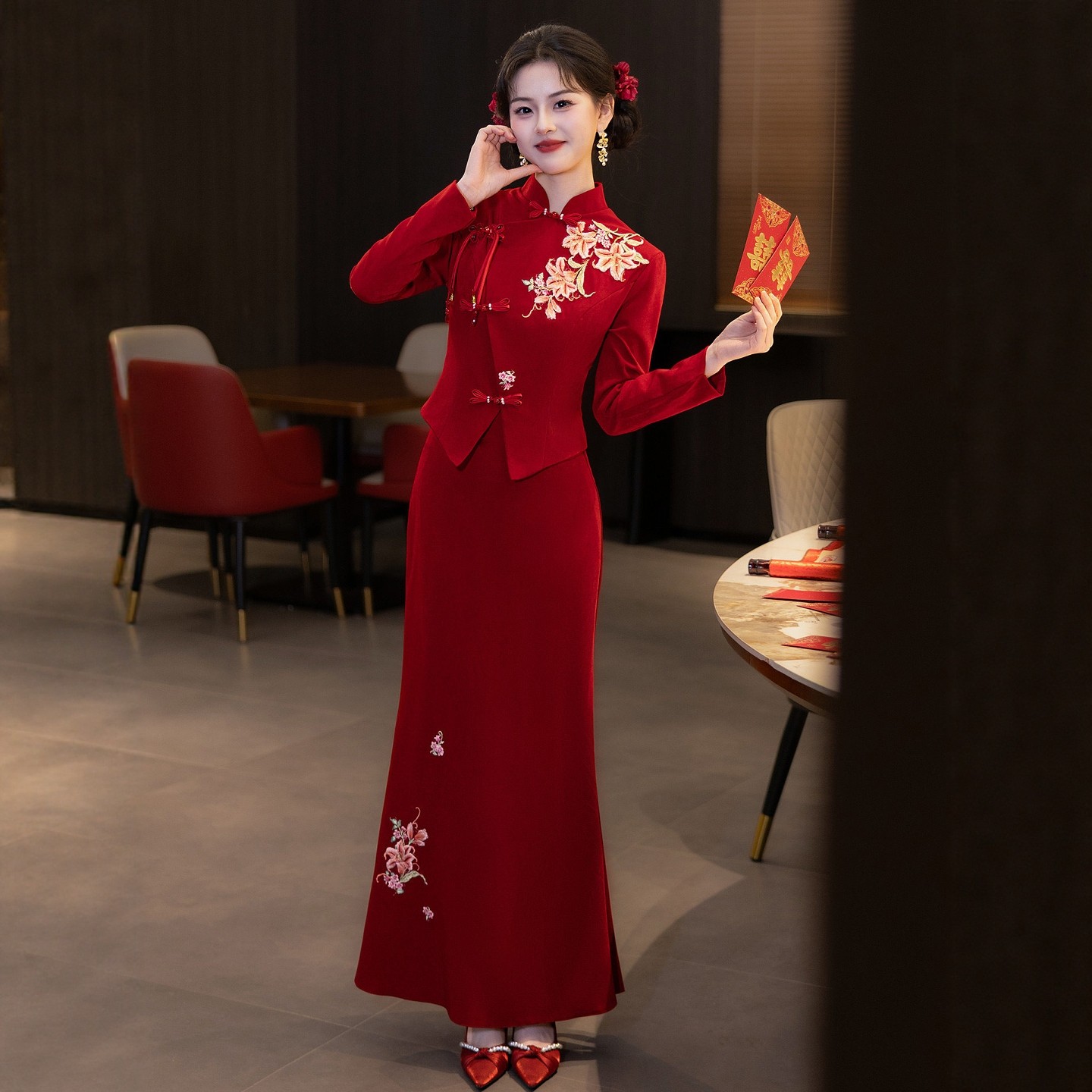 海棠记红色套装敬酒服新娘小个子新中式订婚礼服结婚回门宴鱼尾裙