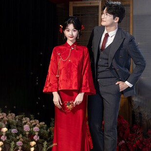 夏季长袖红色旗袍敬酒服结婚新娘套装订婚宴回门绝美新中式礼服裙