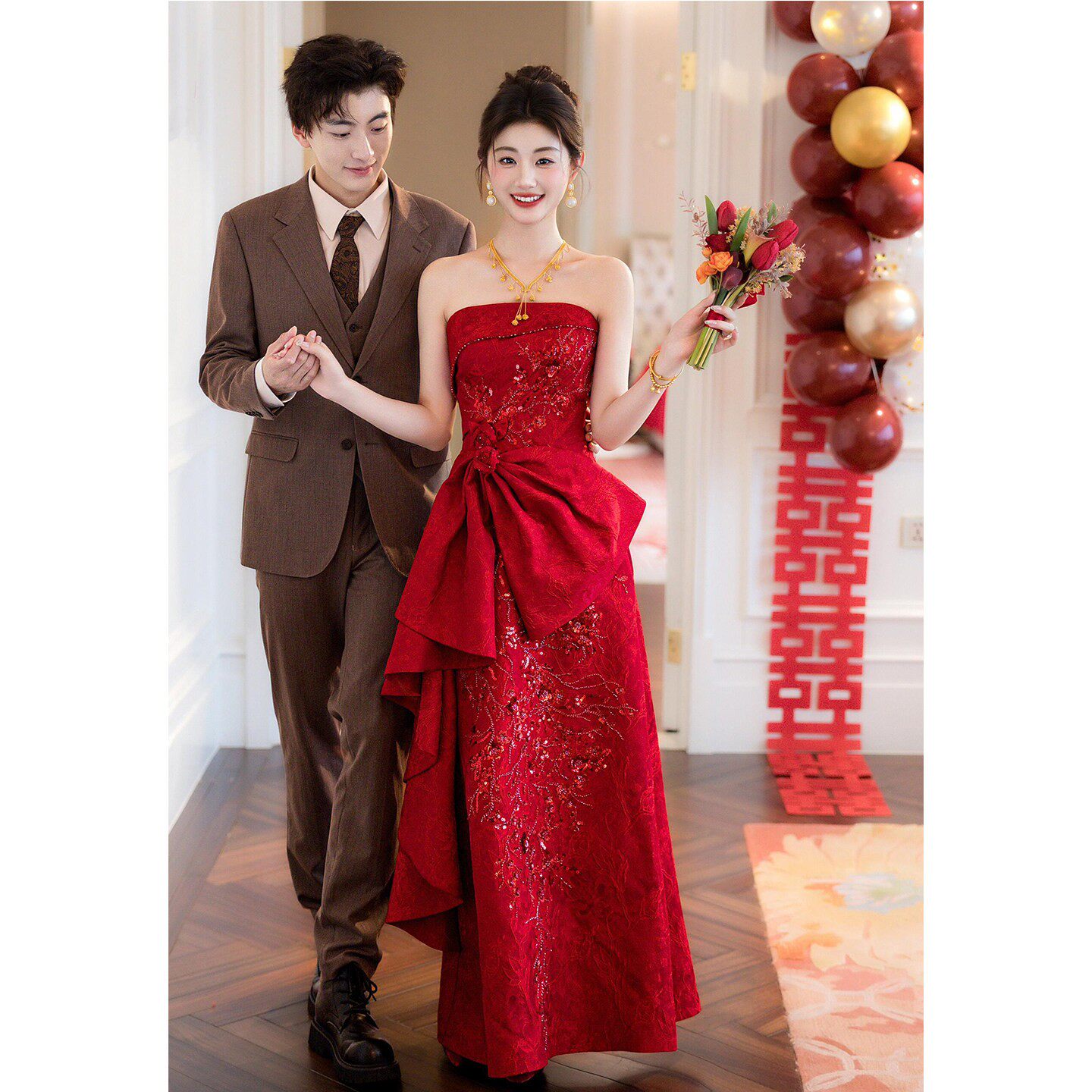 新中式敬酒服高级感抹胸晨袍女新娘订婚礼服高端结婚当天出阁便装