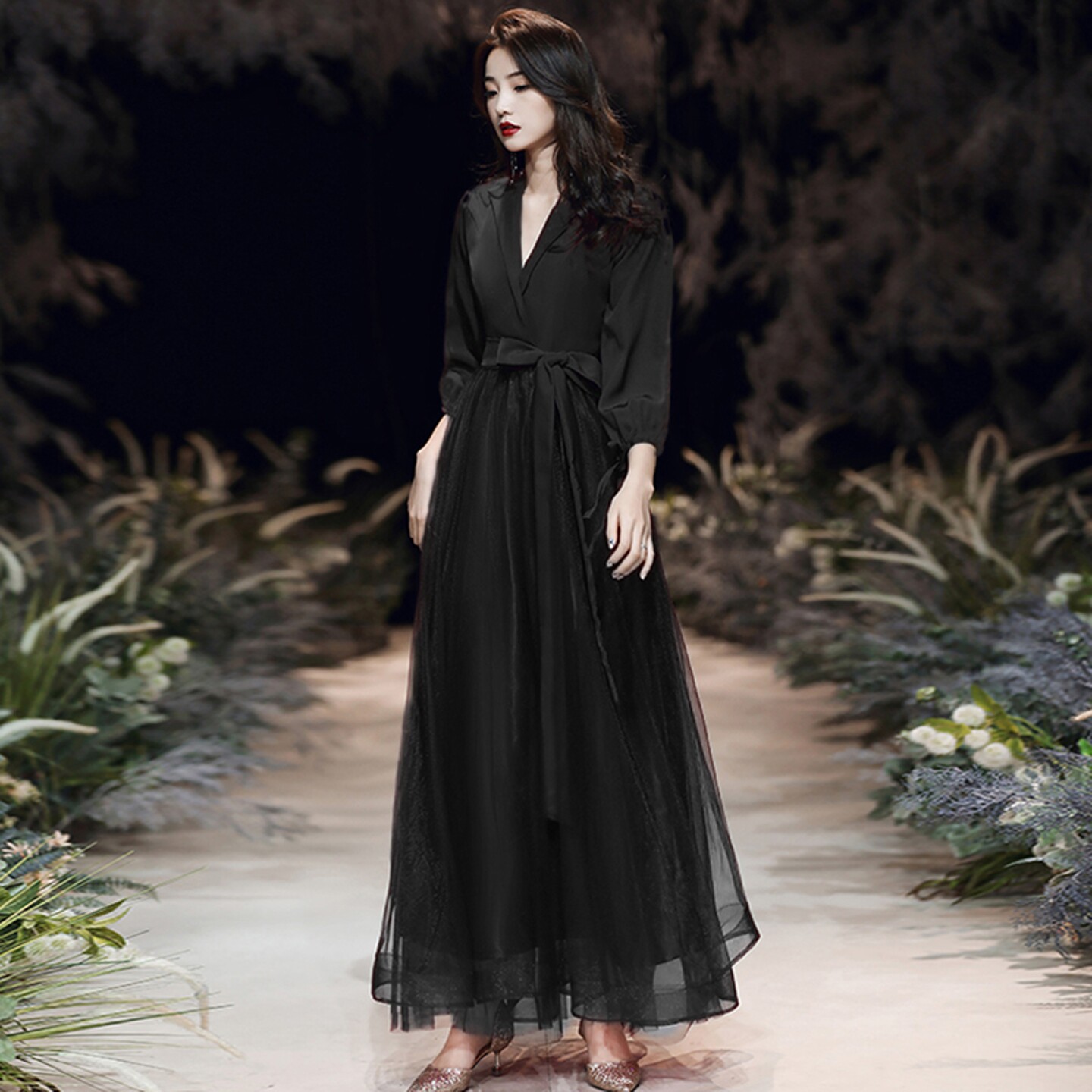 海棠记大码胖mm晚礼服黑色显瘦遮肚子高腰高级质感成人礼裙合唱女