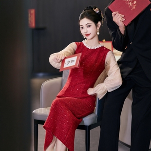 海棠记红色敬酒服冬装新娘新款订婚礼服日常可穿结婚婚后便装修身