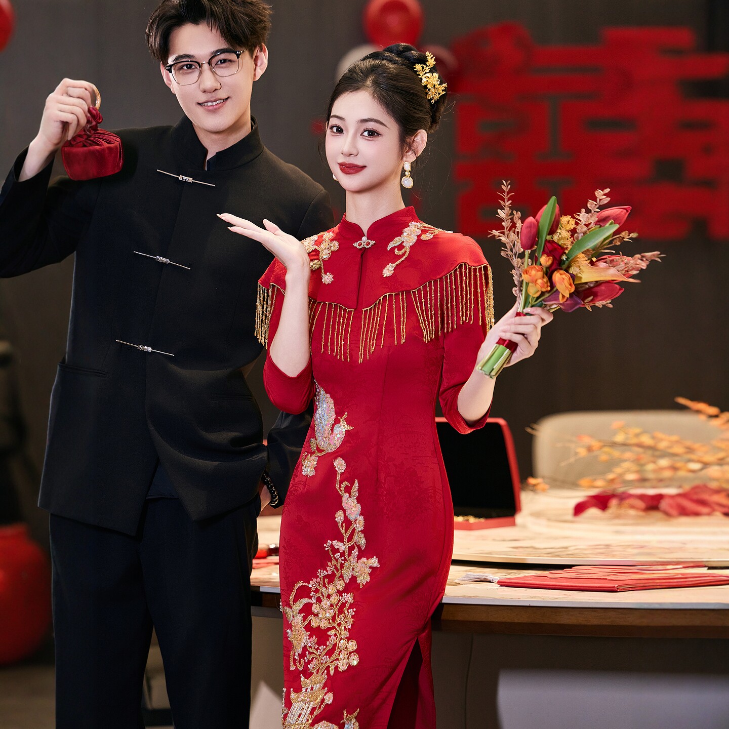 海棠记红色旗袍敬酒服新娘小个订婚礼服新中式结婚装长袖回门女冬