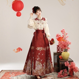 海棠记凤鸣曲明制汉服女原创新中式 重工红色马面裙云肩敬酒订婚服
