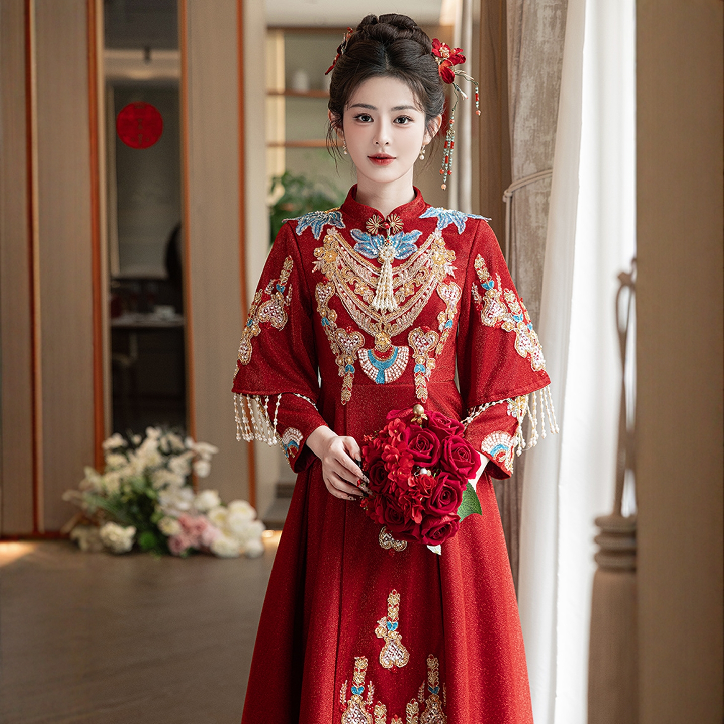 海棠记大码酒红色敬酒服结婚秀禾