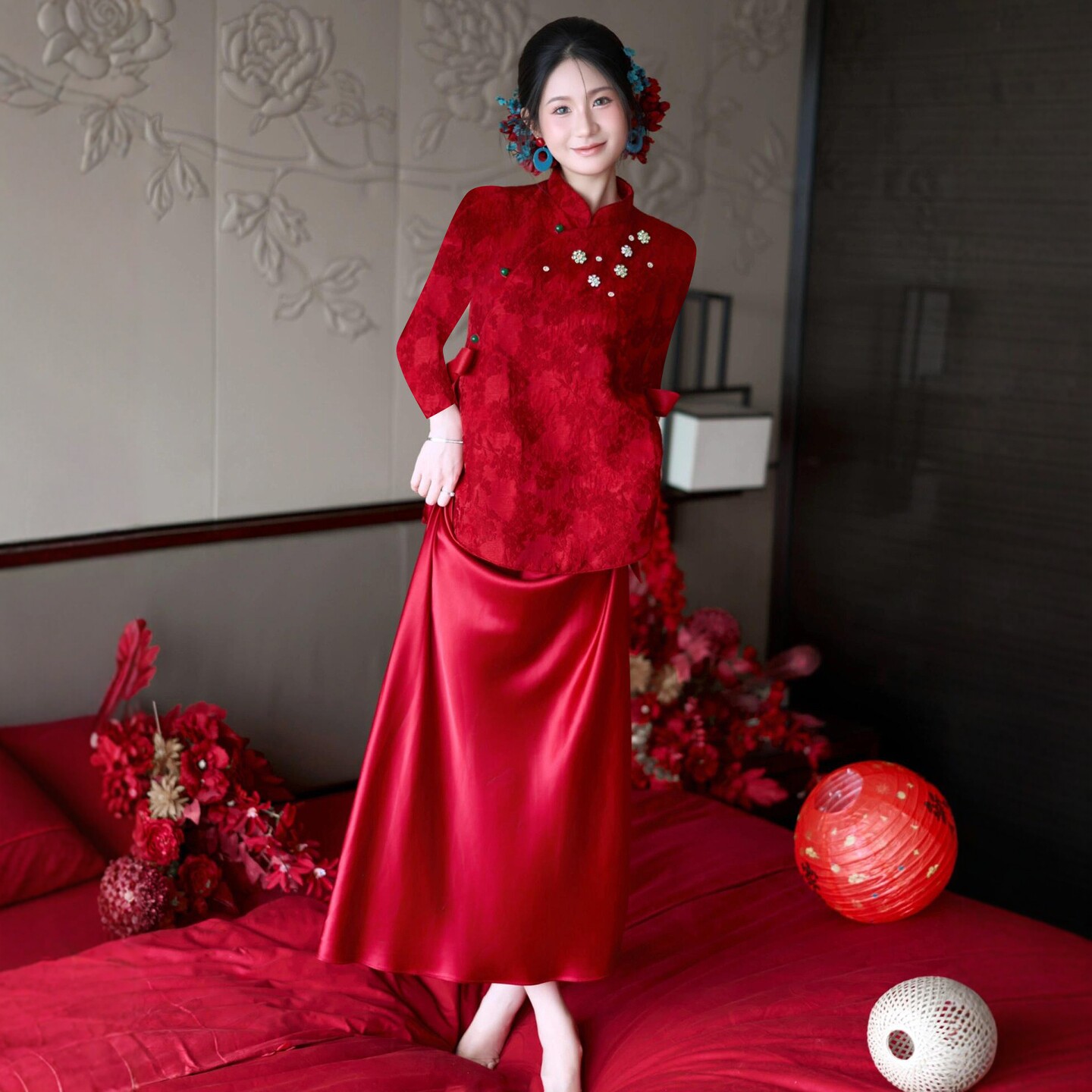 海棠记中式红色订婚礼服女高级感绝美改良旗袍裙套装晨袍敬酒服冬