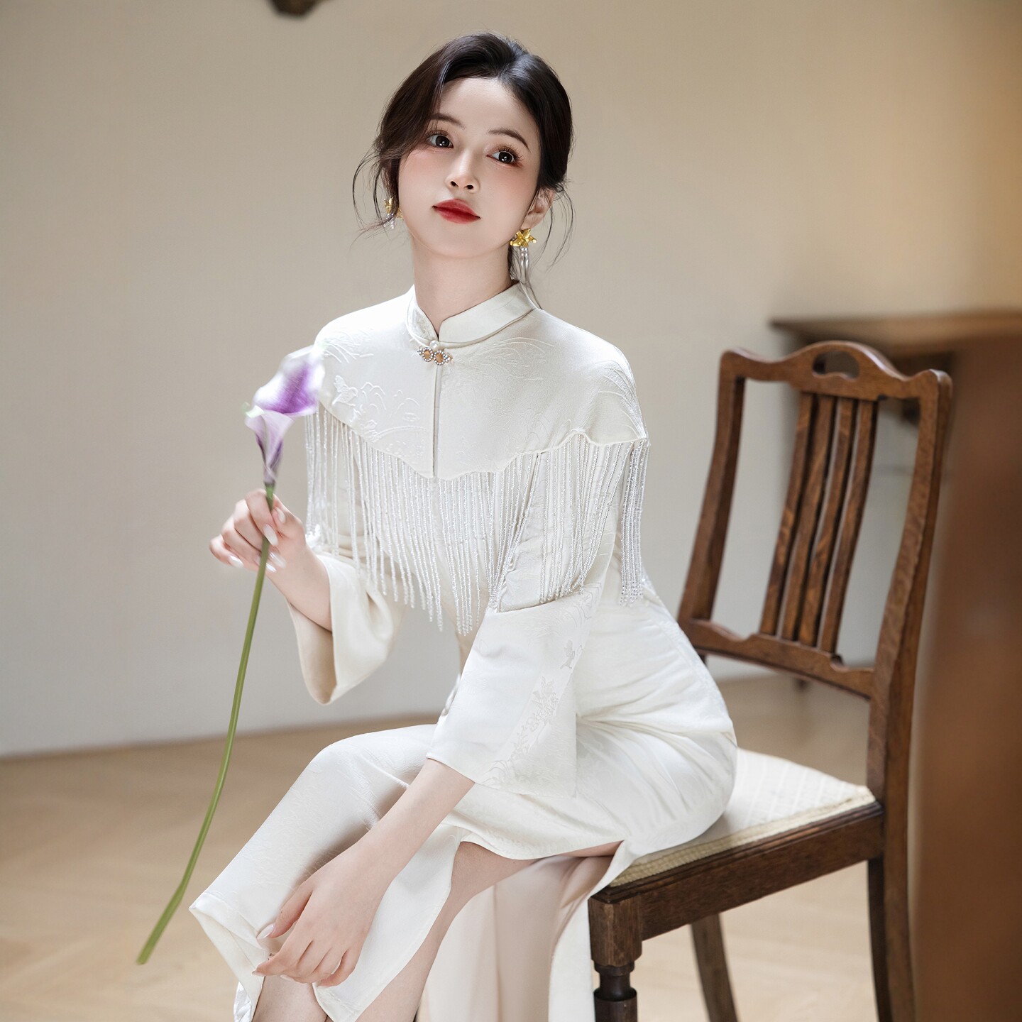 海棠记白色订婚旗袍新中式结婚礼服套装小个子领证登记长袖裙冬季