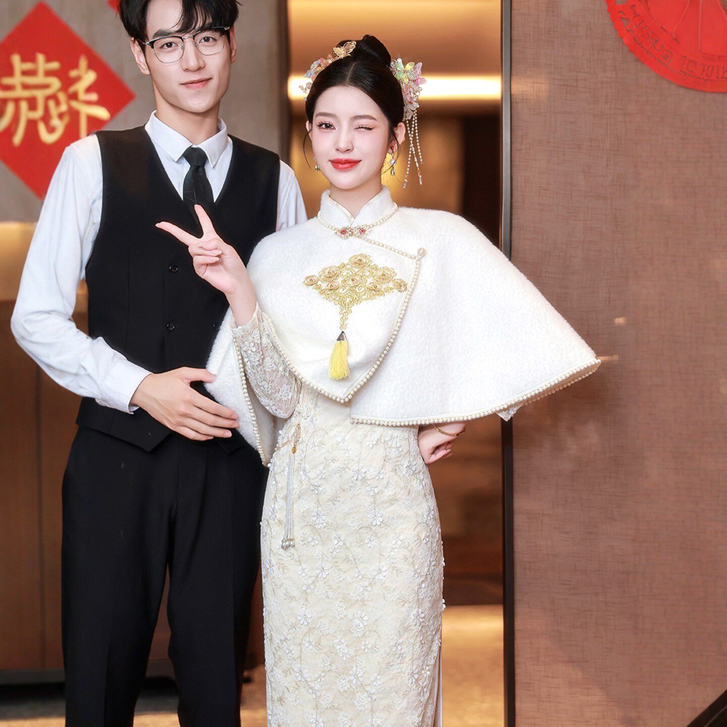 海棠记白色毛披肩敬酒服新娘旗袍斗篷外套结婚礼服婚纱披风冬刺绣