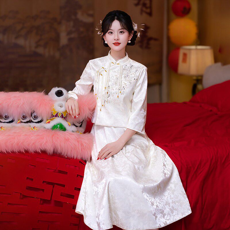 新中式旗袍敬酒服新娘晨袍女大码胖mm订婚礼服孕妇结婚套装高级感