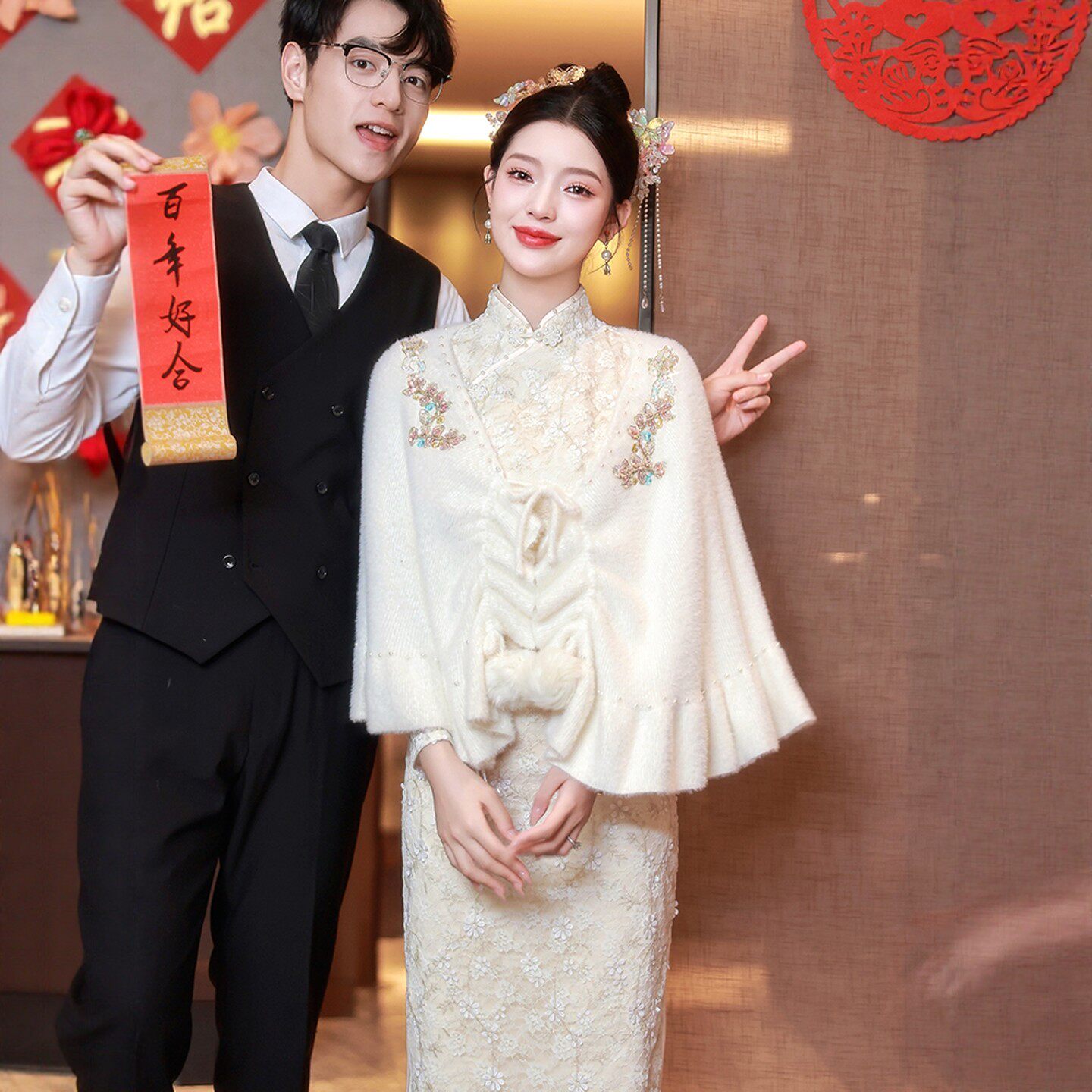 海棠记白色婚纱毛披肩女敬酒服新娘旗袍斗篷外套结婚礼服披风秋冬