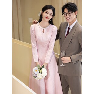 粉色甜美长袖订婚小礼服裙女敬酒服新娘结婚便装回门服连衣裙夏季