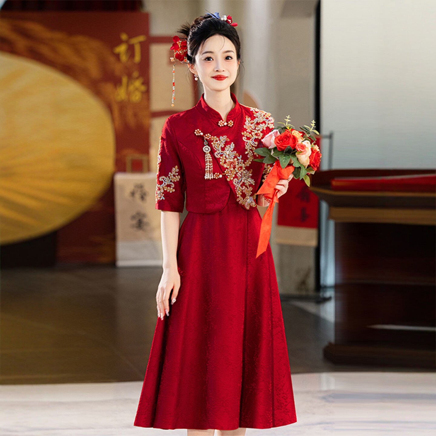 海棠记大码孕妇敬酒服新娘旗袍红色订婚礼服胖mm显瘦结婚秀禾服女