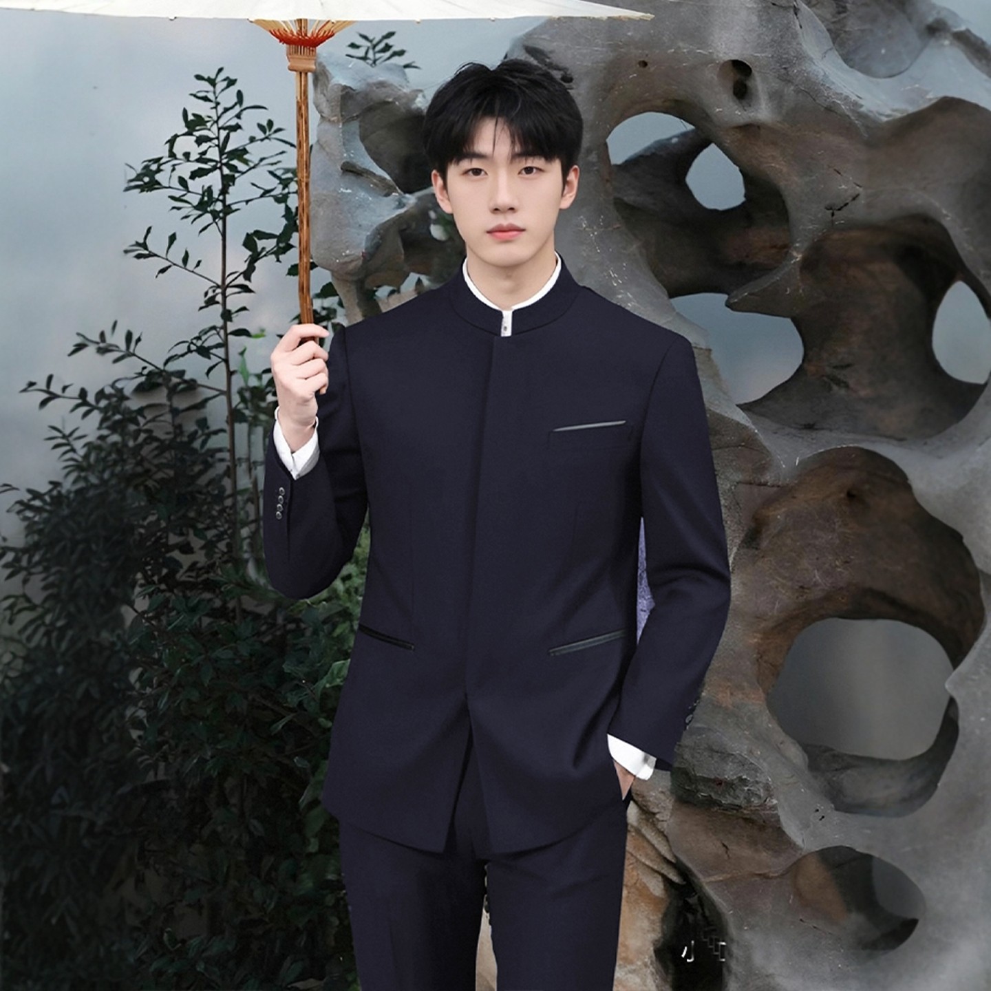 海棠记绅装修身立领青年中山装男新郎结婚中式西服套装中国风西装