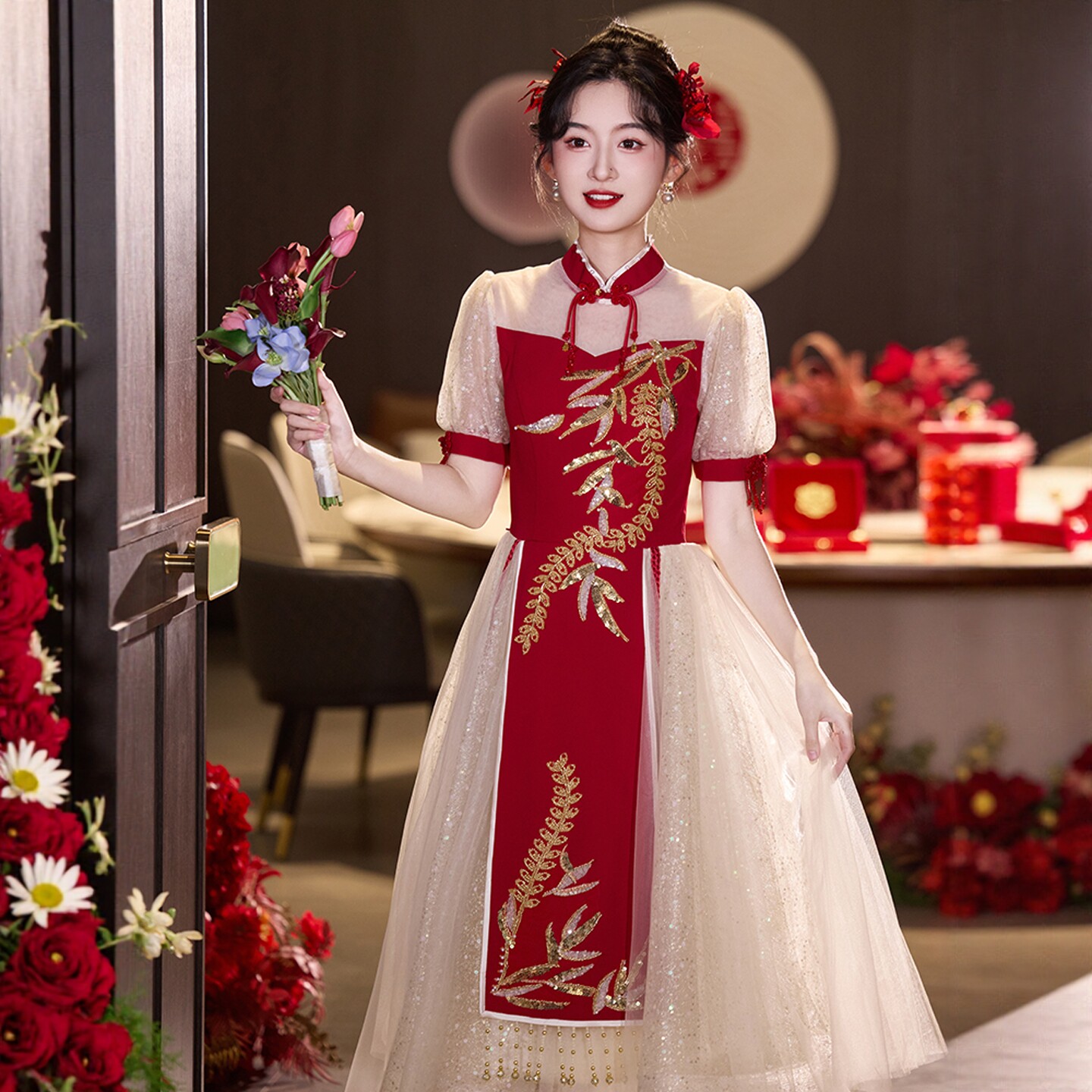 海棠记大码旗袍敬酒服新娘孕妇胖mm订婚礼服裙女中式衣服结婚便装