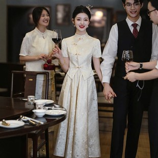 海棠记香槟色订婚旗袍小个子新中式结婚礼服连衣裙敬酒服新娘套装