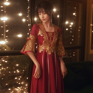 海棠记孕妇敬酒服新娘高级酒红色结婚订婚秀禾礼服大码胖mm连衣裙