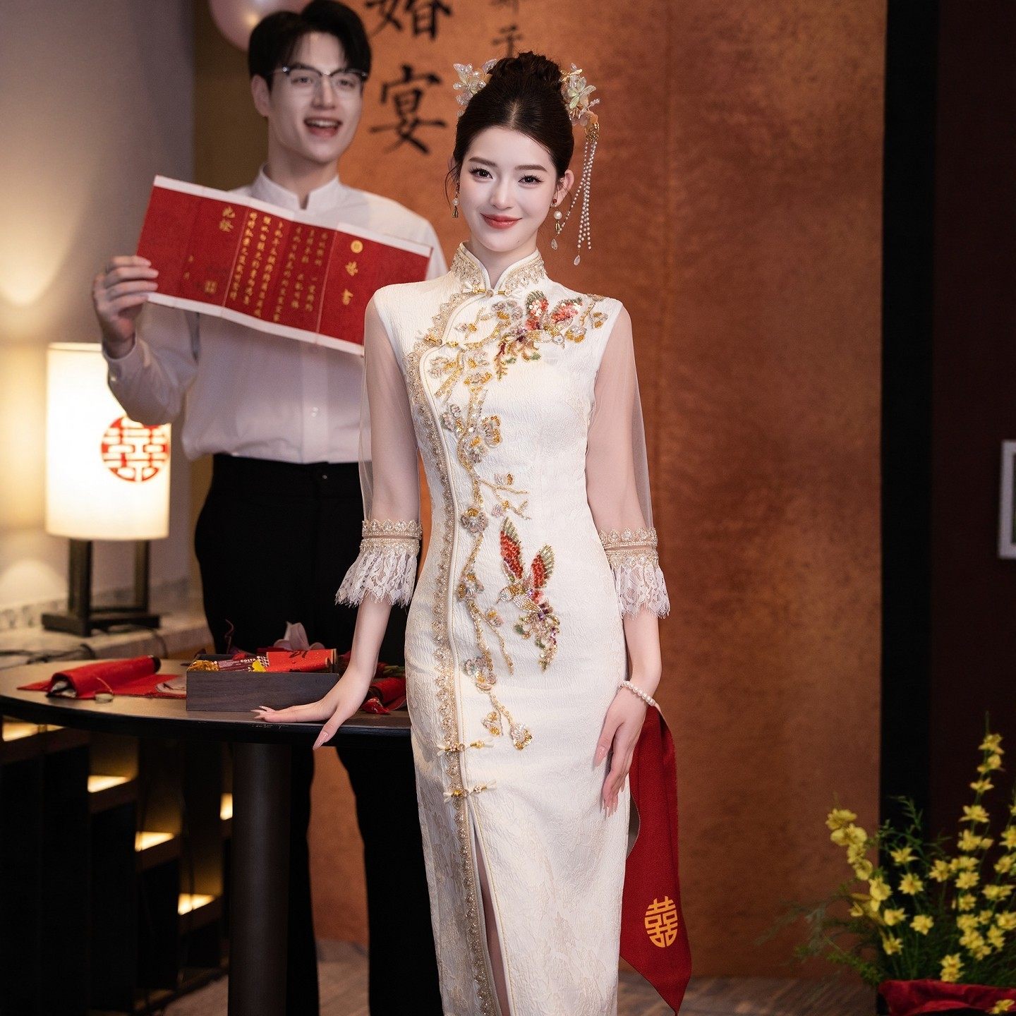 海棠记香槟色旗袍订婚礼服裙新敬酒服新娘新中式长袖日常可穿显瘦