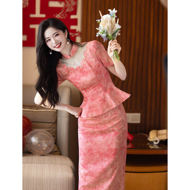粉色收腰改良中式旗袍敬酒服新娘结婚礼服女订婚修身显瘦套装夏季